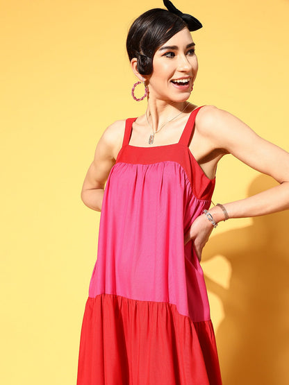 Women Red & Fuchsia Colour Block Tiered Maxi Dress