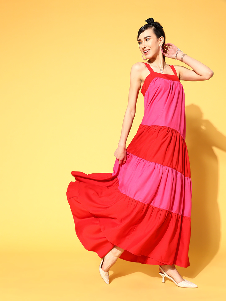 Women Red &amp; Fuchsia Colour Block Tiered Maxi Dress