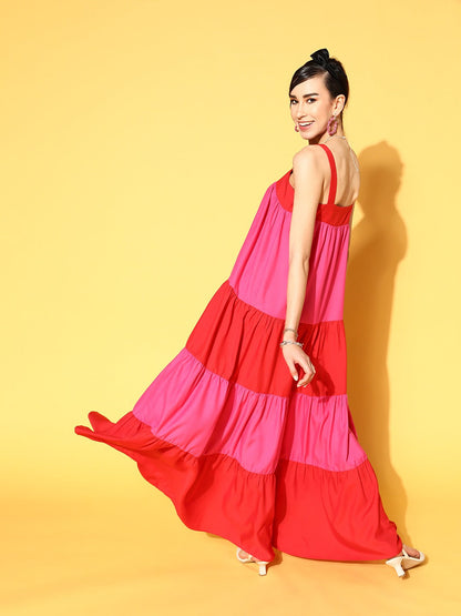 Women Red & Fuchsia Colour Block Tiered Maxi Dress