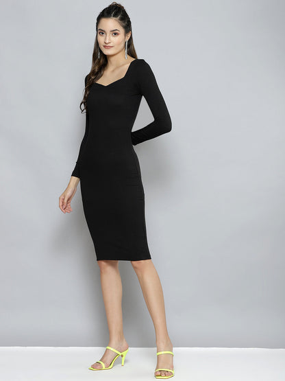 Women Charcoal Rib Sweetheart Neck Bodycon Midi Dress