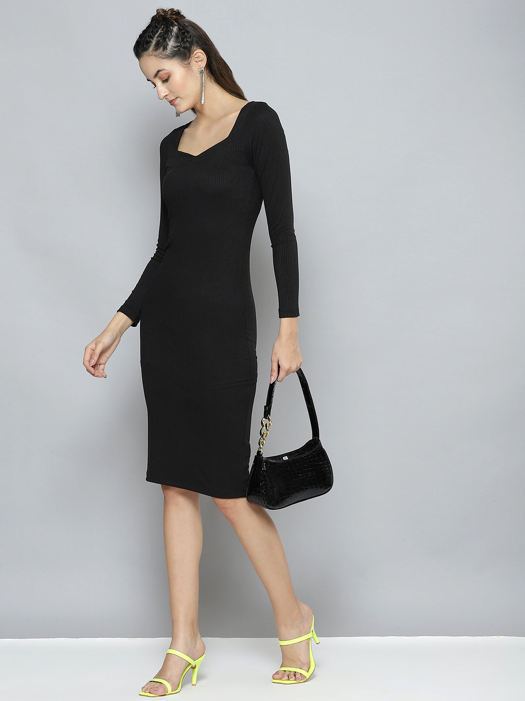Women Charcoal Rib Sweetheart Neck Bodycon Midi Dress