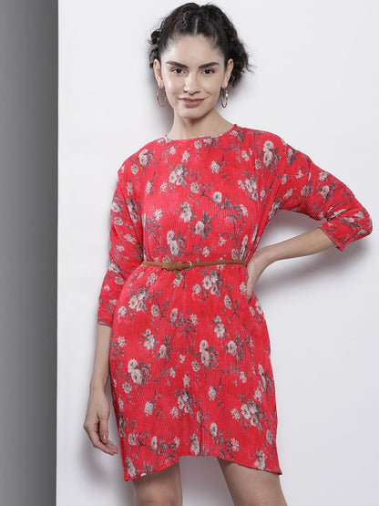 Red Floral Pleated Chinon Bodycon Dress