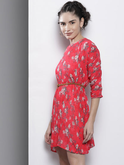 Red Floral Pleated Chinon Bodycon Dress
