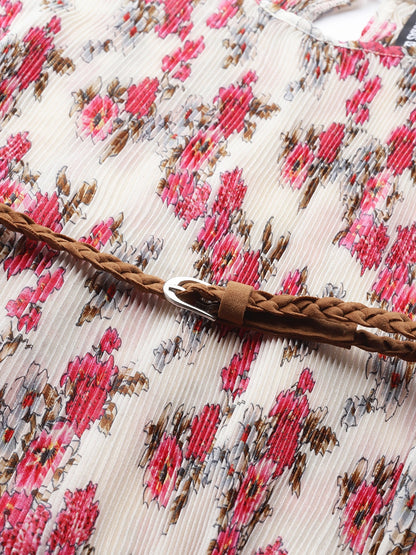 Beige Floral Pleated Chinon Bodycon Dress