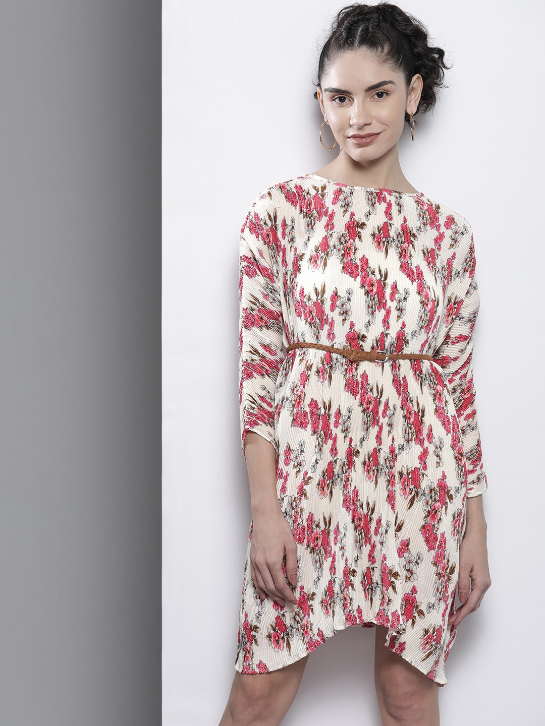 Beige Floral Pleated Chinon Bodycon Dress