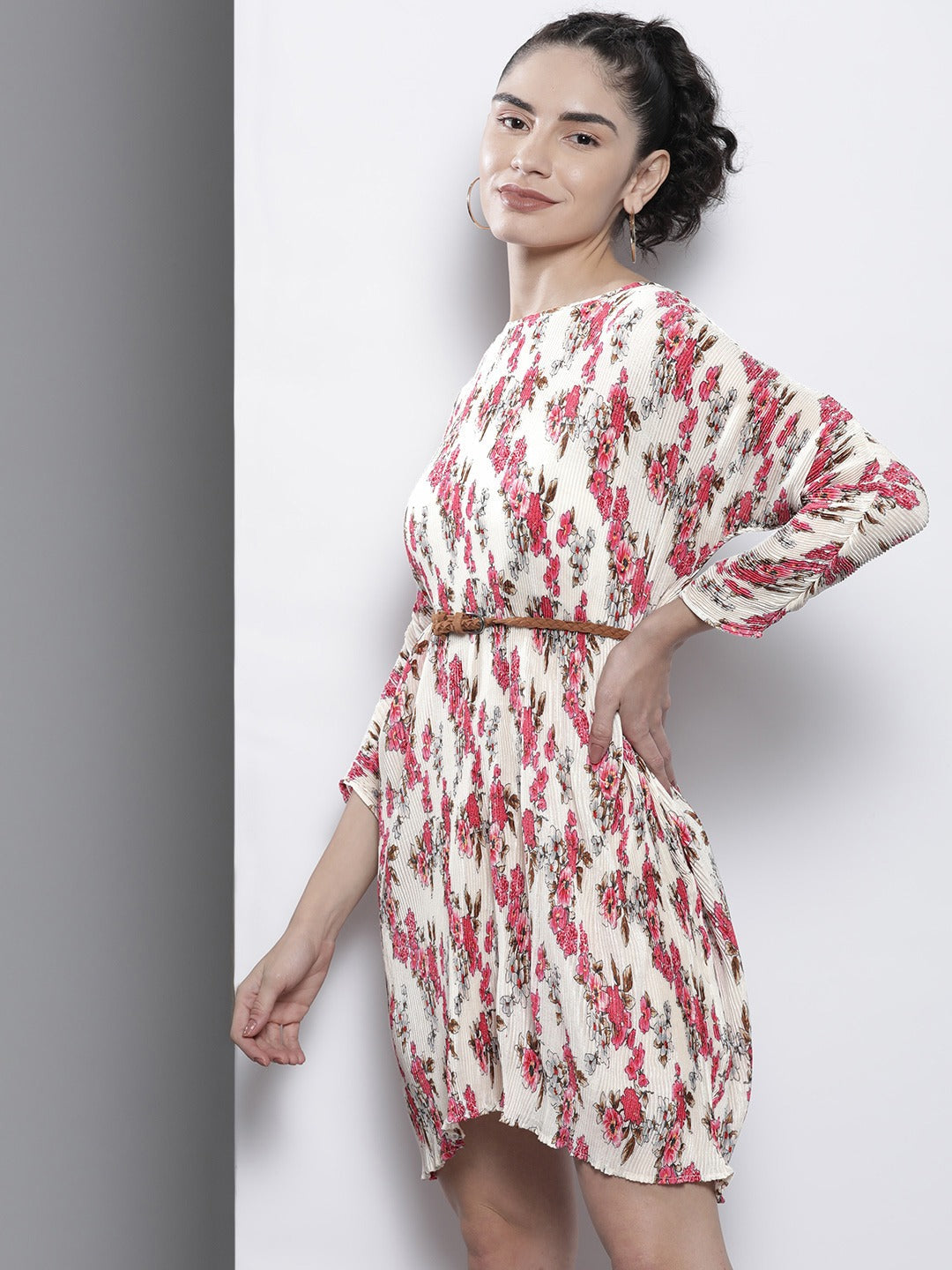 Beige Floral Pleated Chinon Bodycon Dress