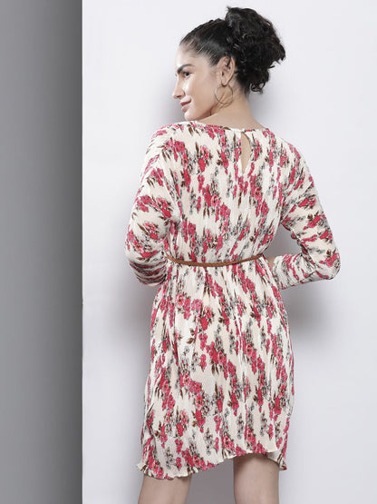 Beige Floral Pleated Chinon Bodycon Dress