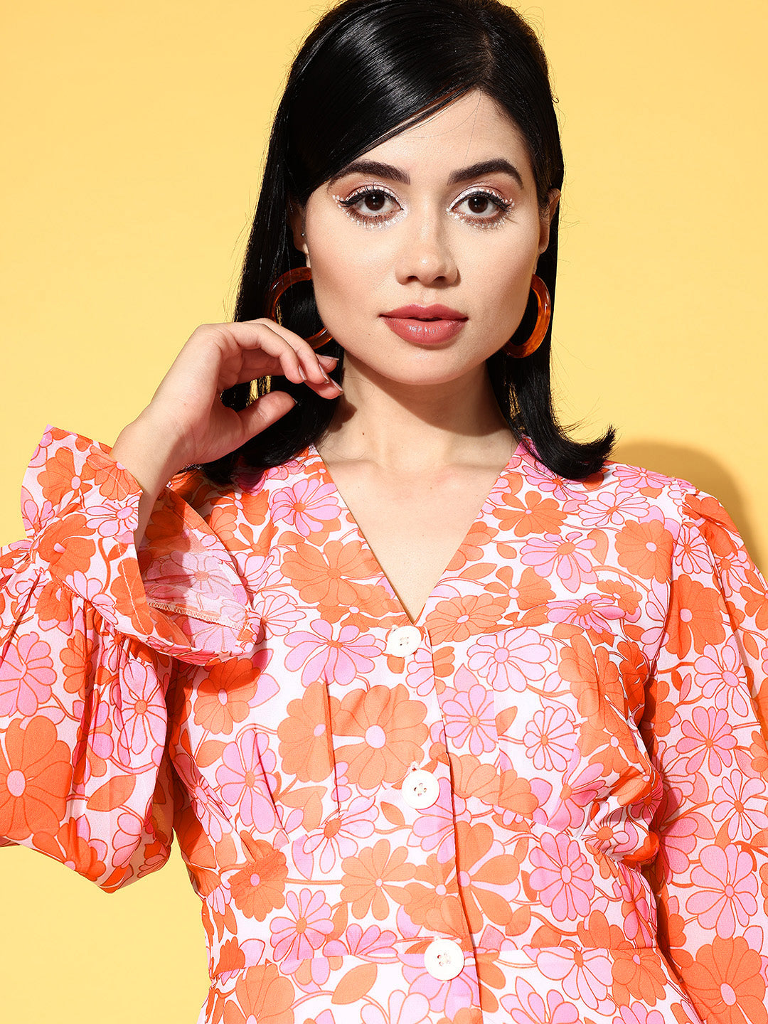 Women Orange &amp; Pink Floral Front Button Dress