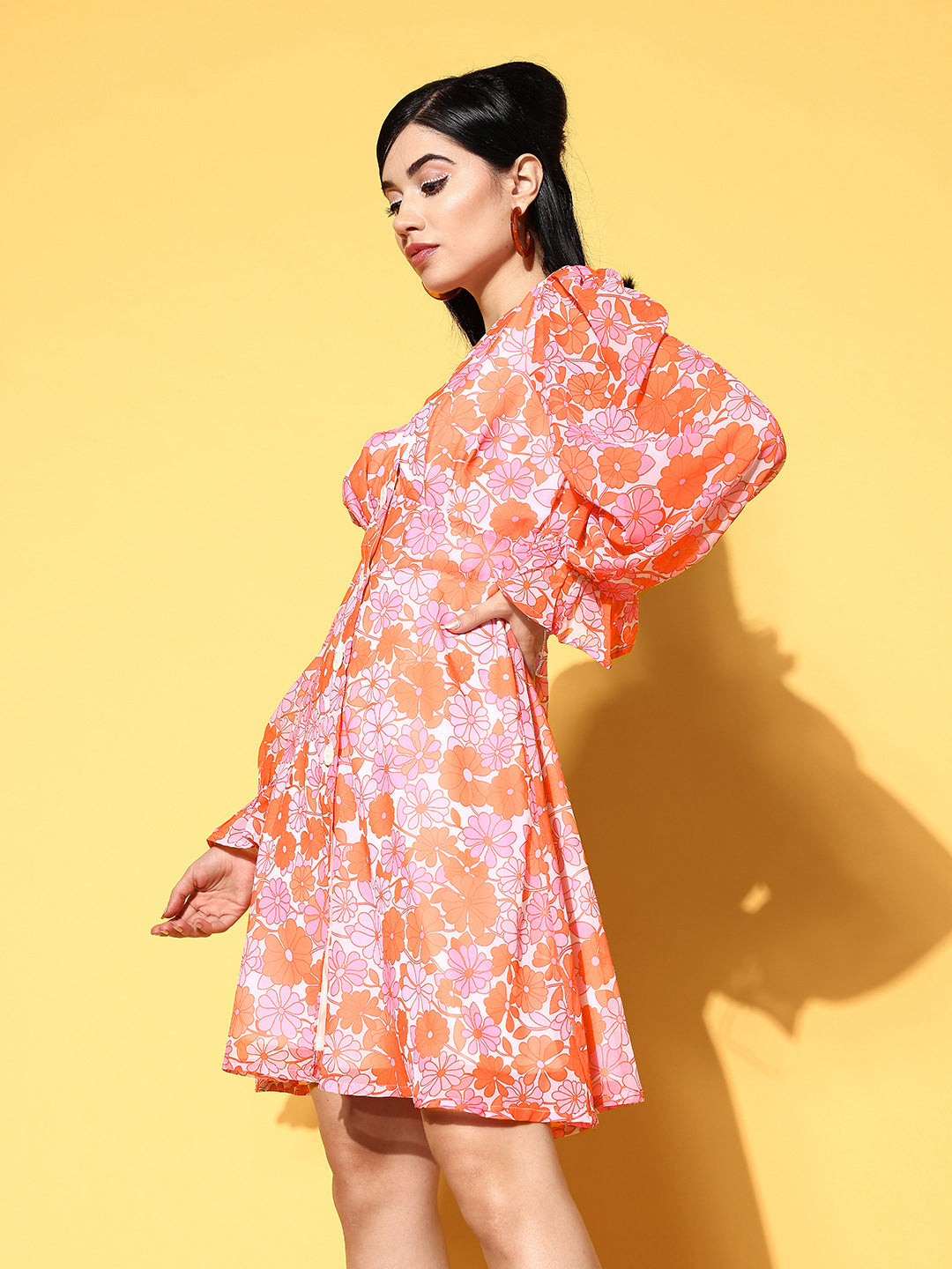 Women Orange &amp; Pink Floral Front Button Dress