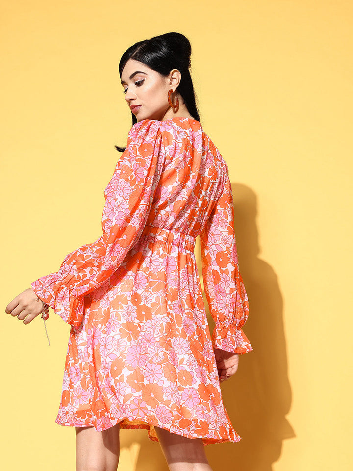 Women Orange &amp; Pink Floral Front Button Dress