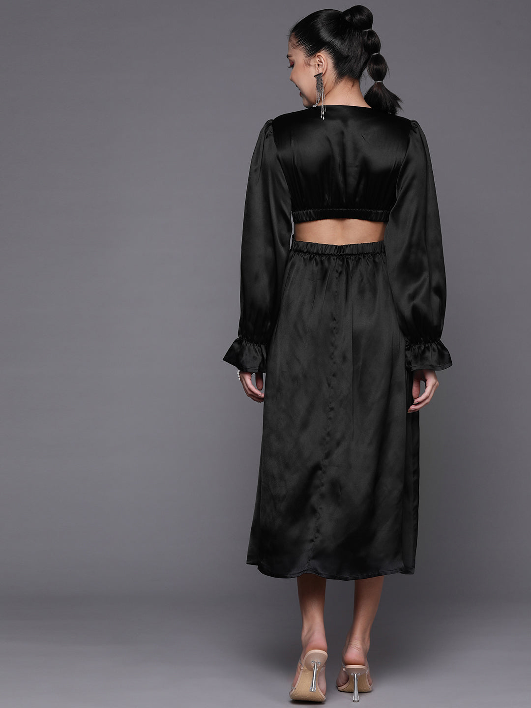 Women Black Satin Cut Out Midi Dress