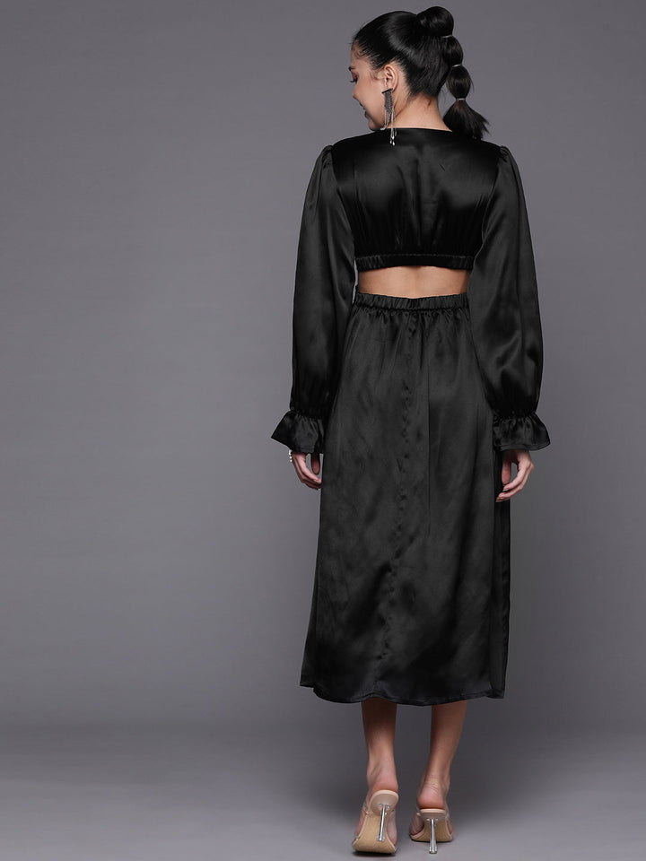 Women Black Satin Cut Out Midi Dress
