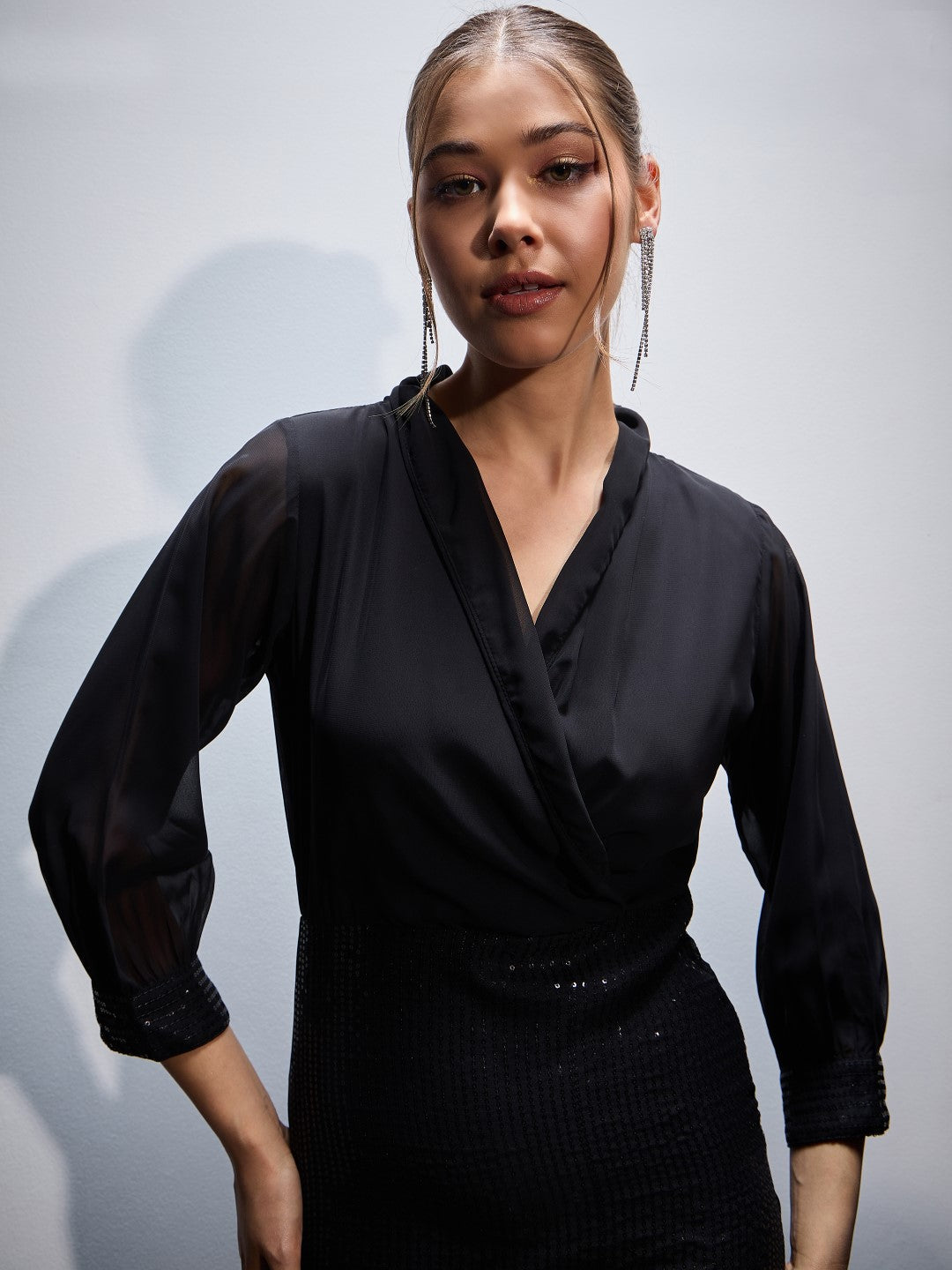 Women Black Sequins Short Wrap Bodycon Dress