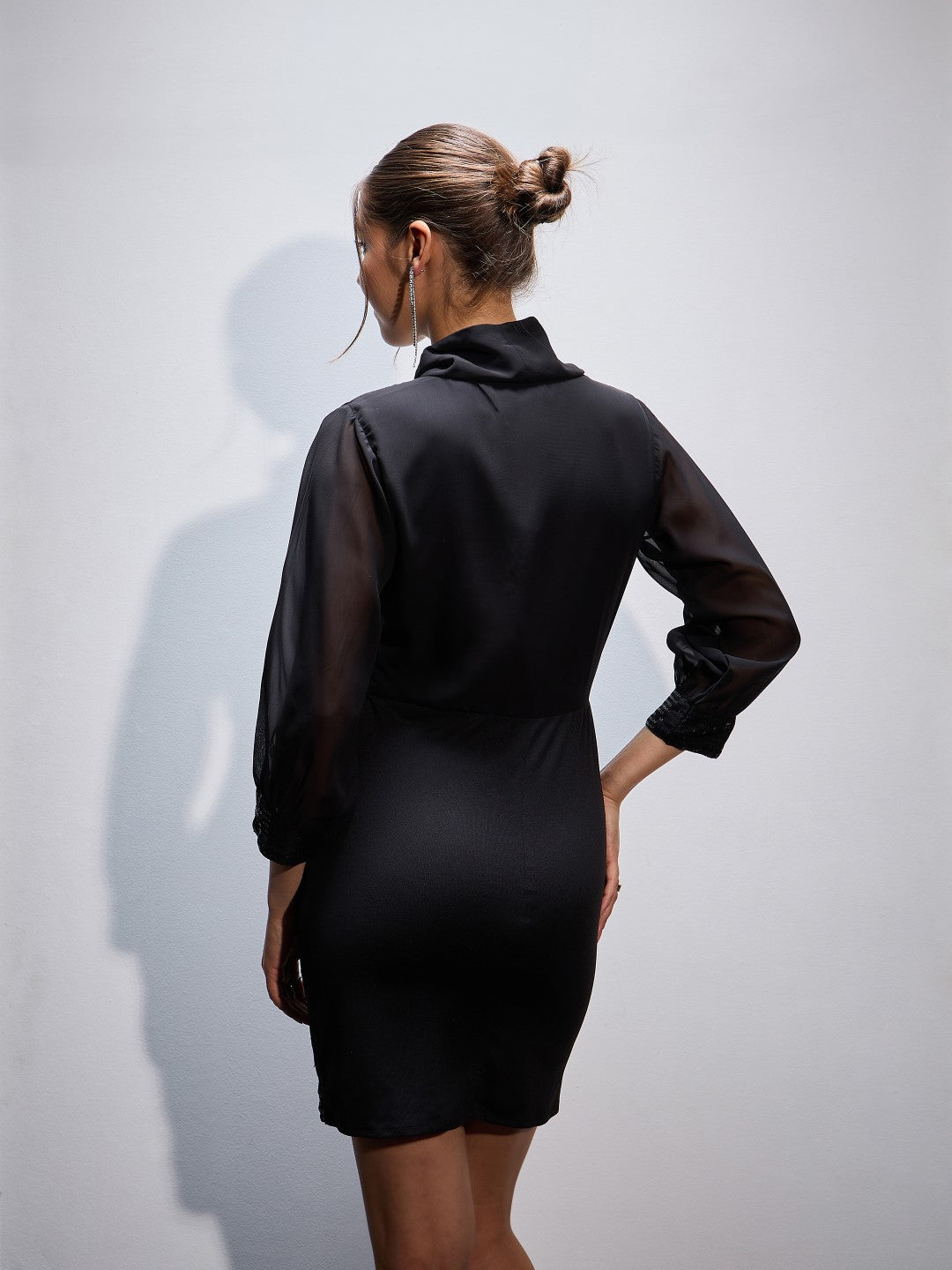 Women Black Sequins Short Wrap Bodycon Dress