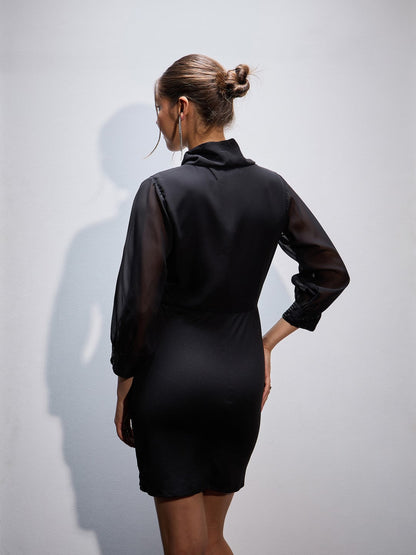 Women Black Sequins Short Wrap Bodycon Dress