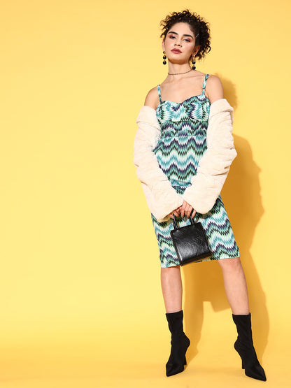 Blue Chevron Bodycon Sleeveless Corset Midi Dress