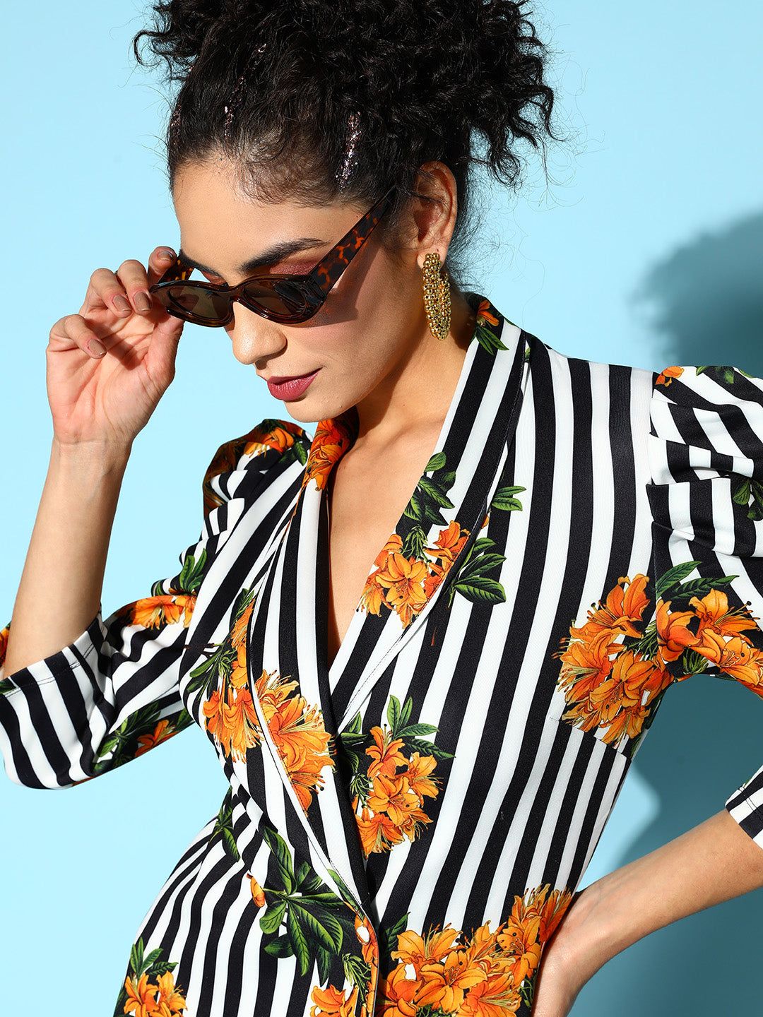 Black & White Stripe Floral Scuba Blazer Dress