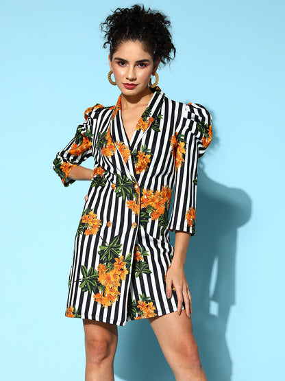Black & White Stripe Floral Scuba Blazer Dress