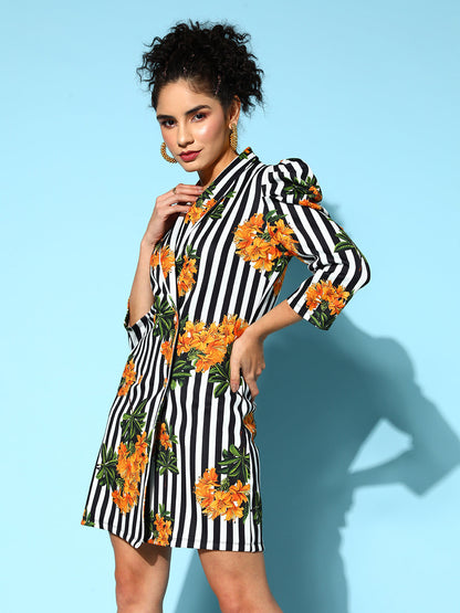 Black & White Stripe Floral Scuba Blazer Dress