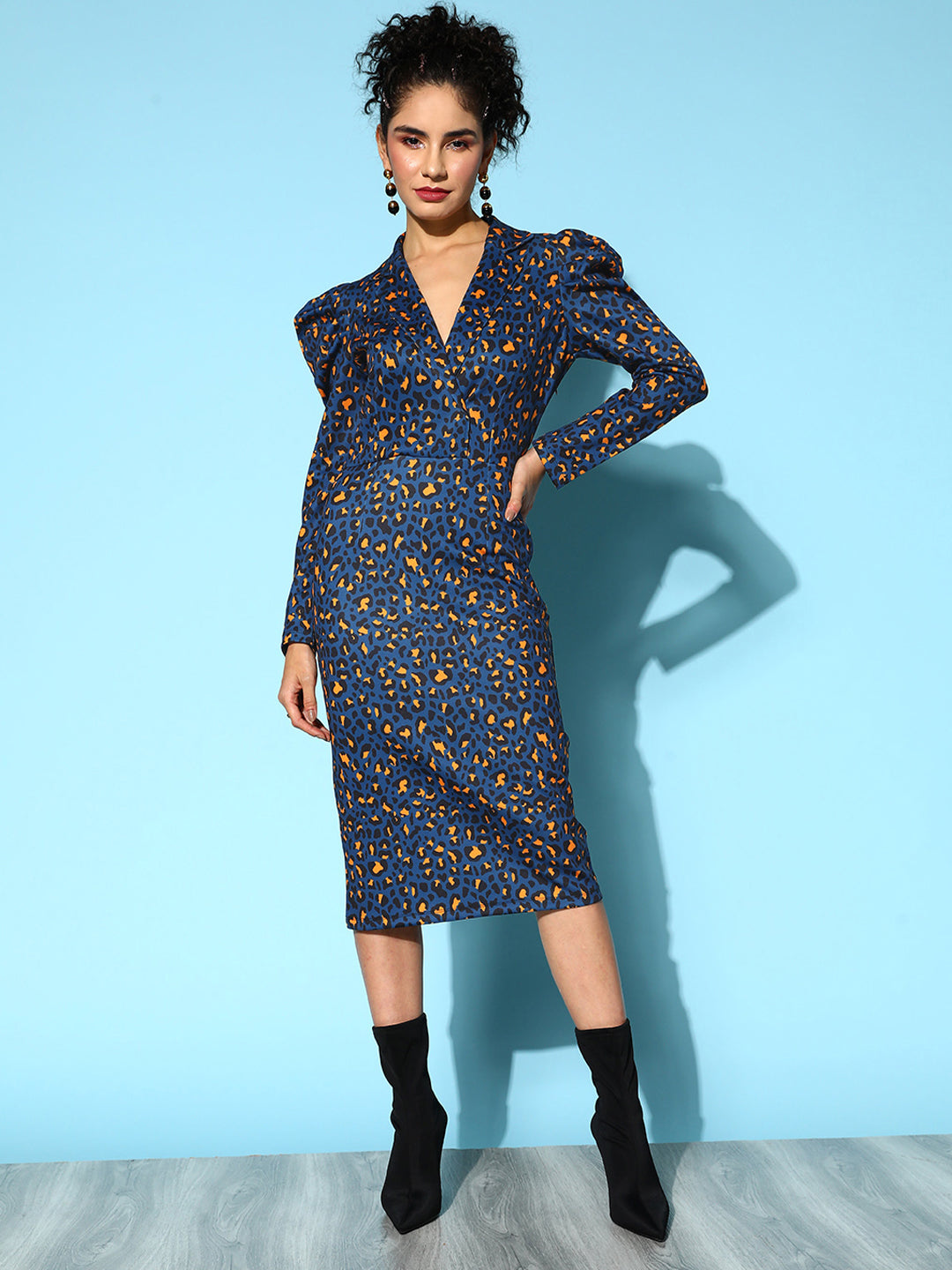 Navy Cheetah Scuba Wrap Bodycon Midi Dress