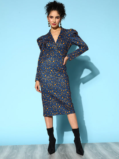 Navy Cheetah Scuba Wrap Bodycon Midi Dress