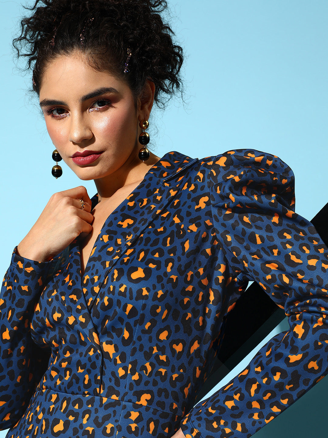 Navy Cheetah Scuba Wrap Bodycon Midi Dress