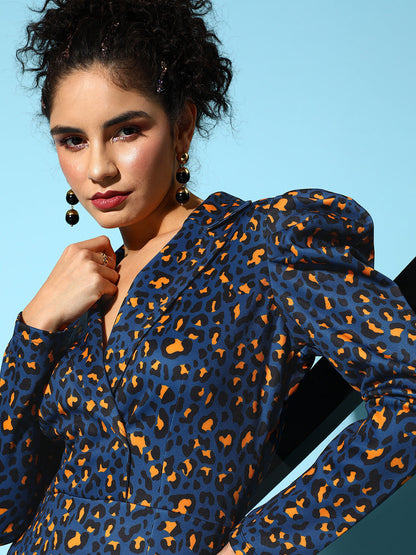 Navy Cheetah Scuba Wrap Bodycon Midi Dress