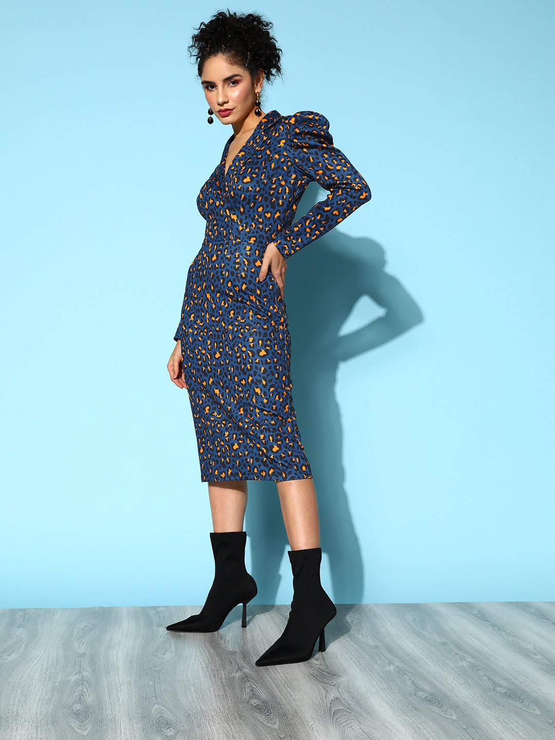 Navy Cheetah Scuba Wrap Bodycon Midi Dress