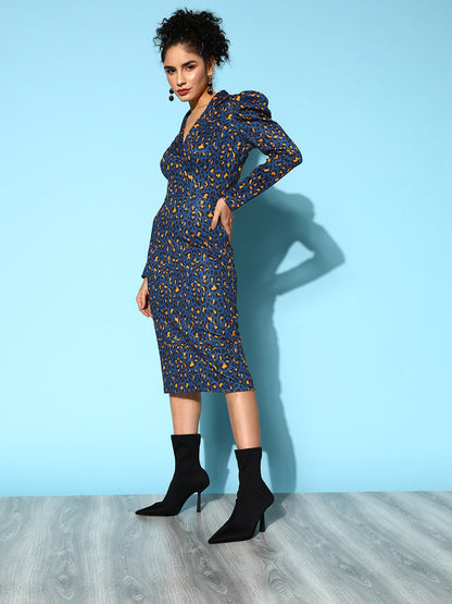 Navy Cheetah Scuba Wrap Bodycon Midi Dress