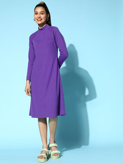 Purple Rib High Neck A- Line Midi Dress
