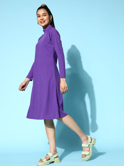 Purple Rib High Neck A- Line Midi Dress