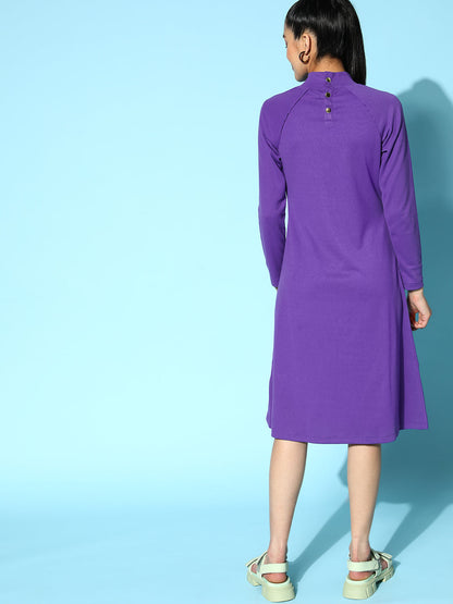 Purple Rib High Neck A- Line Midi Dress