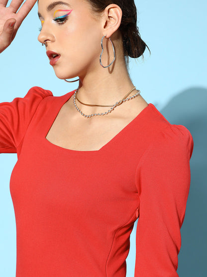 Red Rib Square Neck Bodycon Midi Dress