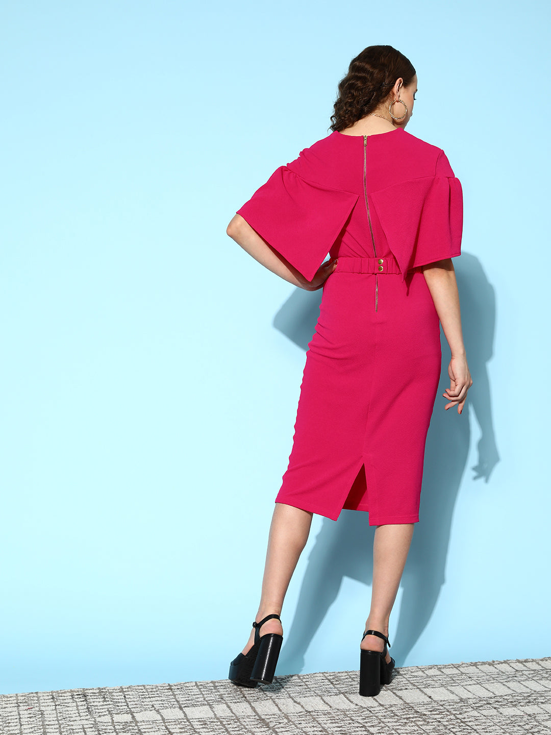 Fuchsia Belted Drop Shoulder Midi Dress