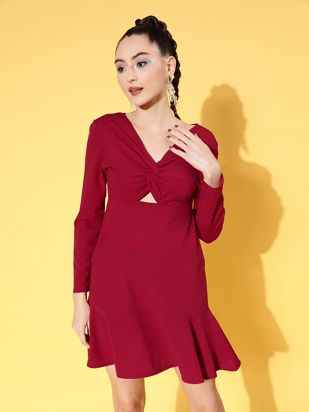 Red Canton Front Cut Out Skater Dress