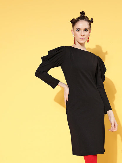 Black Canton Puff Sleeves Mini Bodycon Dress