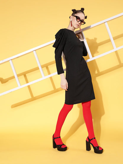 Black Canton Puff Sleeves Mini Bodycon Dress