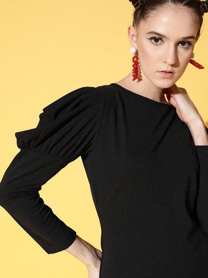Black Canton Puff Sleeves Mini Bodycon Dress