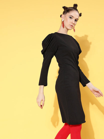 Black Canton Puff Sleeves Mini Bodycon Dress