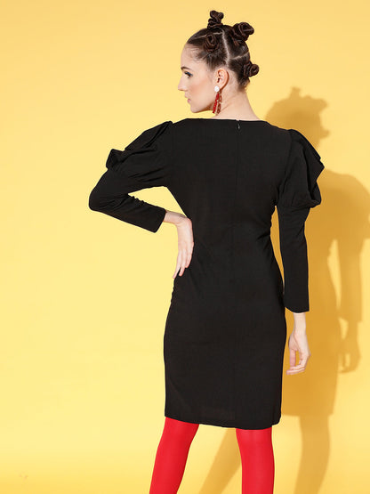 Black Canton Puff Sleeves Mini Bodycon Dress