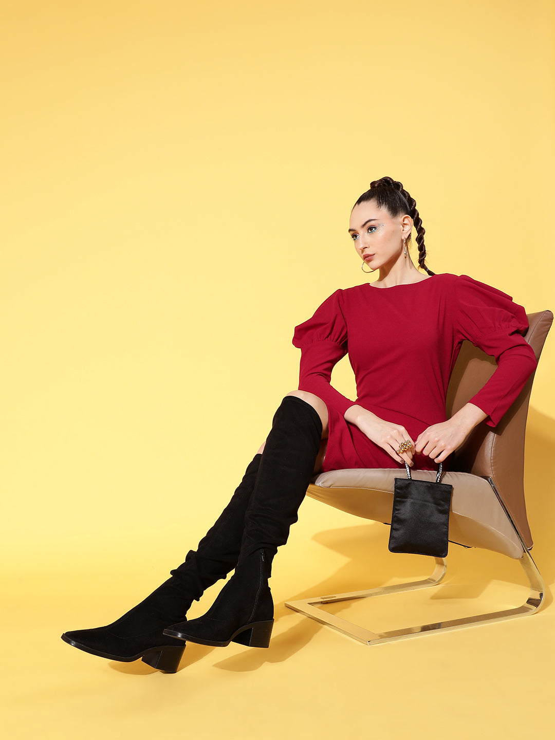 Red Canton Puff Sleeves Mini Bodycon Dress