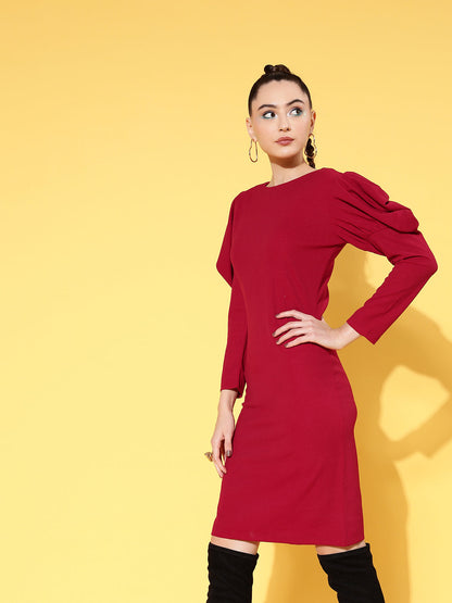 Red Canton Puff Sleeves Mini Bodycon Dress