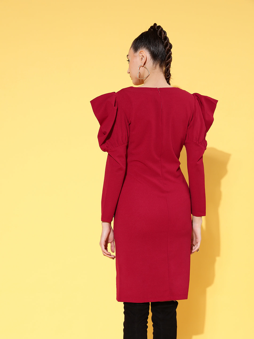 Red Canton Puff Sleeves Mini Bodycon Dress