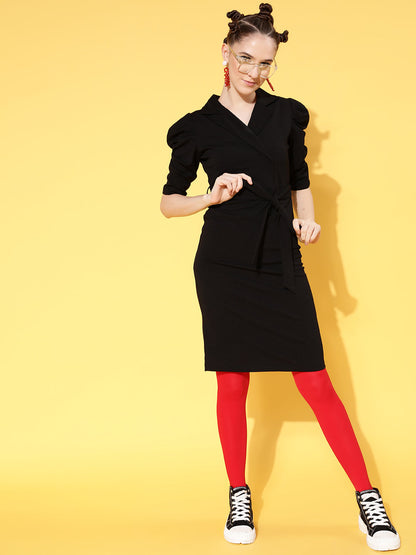 Black Canton Wrap Midi Bodycon Dress