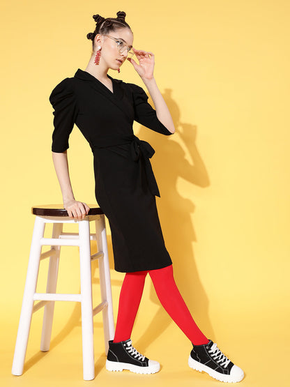 Black Canton Wrap Midi Bodycon Dress