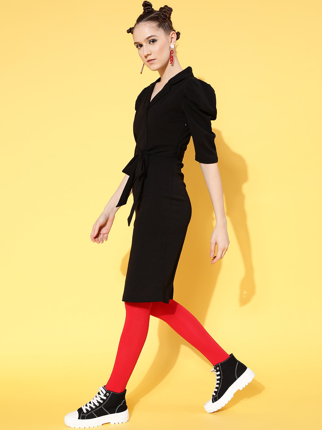 Black Canton Wrap Midi Bodycon Dress