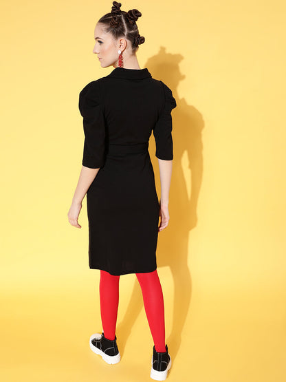Black Canton Wrap Midi Bodycon Dress