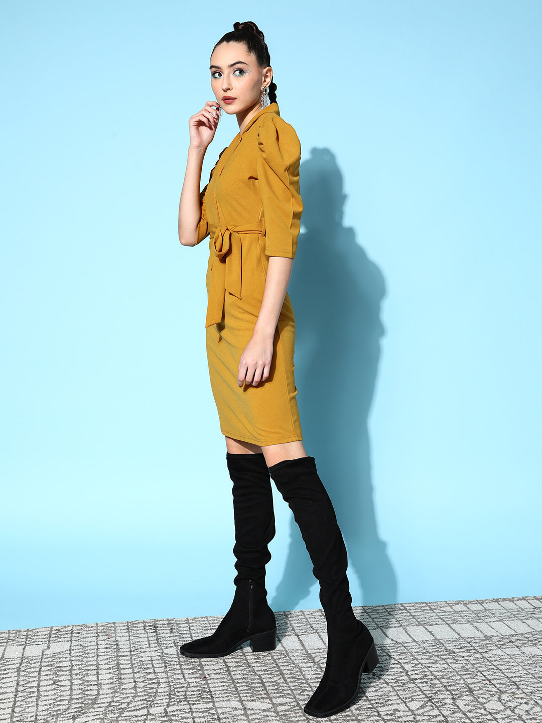 Mustard Canton Wrap Midi Bodycon Dress