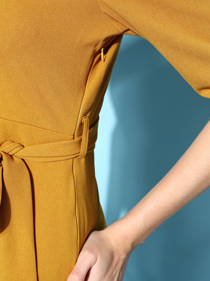 Mustard Canton Wrap Midi Bodycon Dress