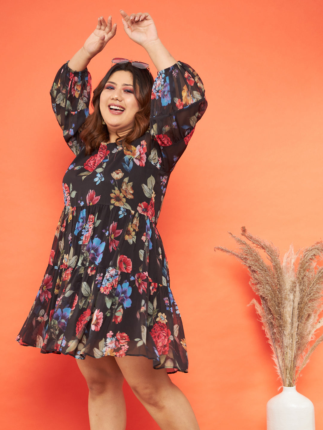 Plus size women's Black Chiffon Black Floral Raglan Sleeves Tiered Dress by Sassafras Curve for wholesale buyers, boutiques, resellers and bulk